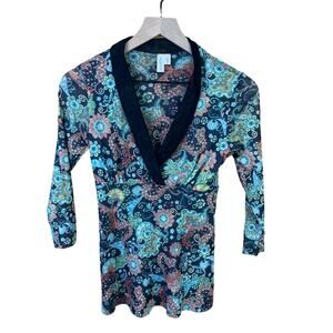 Daisy & Clover Blouse Womens Small V-neck Y2K Art Boho Floral Sheer Mesh Top